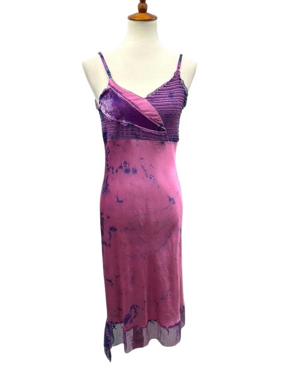Vintage 90s Monah Li Tie-Dye Silk Slip Dress With Lace Velvet Pink & Purple
